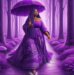 a woman in a purple dress holding an umbrella and walking through the woods on a rainy day