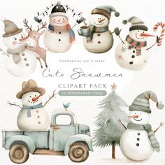 watercolor christmas clipart pack featuring snowmen and trucks with hats, scarfs