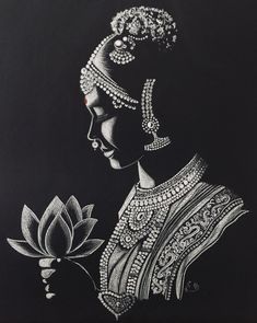 a black and white drawing of a woman with a lotus flower in her left hand