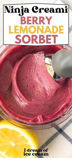 berry lemonade sorbet in a glass bowl with a spoon