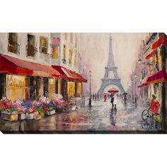 a painting of the eiffel tower in paris with people walking down the street