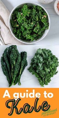 broccoli and kale on a table with the title, a guide to kale