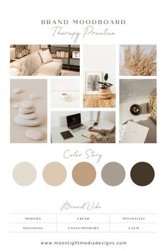 the brand mood board is shown with different colors and shapes, including brown, beige, white