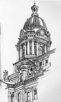 a drawing of a building with a clock on it