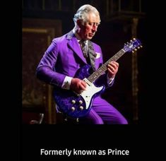 a man in a purple suit playing an electric guitar with the caption, former known as prince