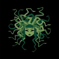 a woman's head with green hair and snakes on it, against a black background