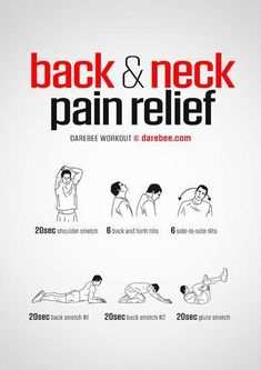 the back and neck pain relief poster is shown in red, black, and white