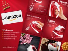 an advertisement for a red and white electric hand held steam iron with the words amazon on it