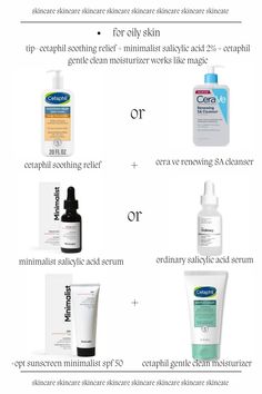 skincare products that have worked on oily skin !! (i've tested all of them but they may work differently on others) THE BEST combo that worked for my acne prone oily skin is - cetaphil soothing relif wash + the minimalist salicylic acid serum and the cetaphil gentle clean moisturize. (* using only facewash at first, then add along the products if you have sensitive skin *)  #skincare #oilyskin #skinproducts #cetaphil #cerave #facewash #serum #spf50 #sunscreen #moisturizer #oilyproneskin #sensitiveskin Cetaphil Face Wash For Oily Skin, Skincare For Sensitive Acne Prone Skin, Skincare For Oily Acne Prone Sensitive Skin, Cerave Salicylic Acid Cleanser, Salicylic Acid Serum, Cetaphil Oily Skin Cleanser, Niacinamide Skincare, Oily Skin Facewash