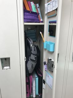 the locker is filled with school supplies and books