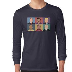 a man wearing a long sleeved t - shirt with four different avatars on it