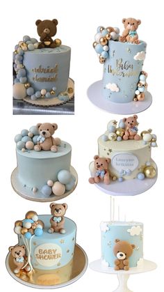 there are many different cakes with teddy bears on them, and one cake has blue frosting