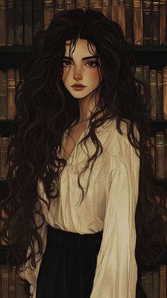 a painting of a woman with long hair standing in front of a bookshelf