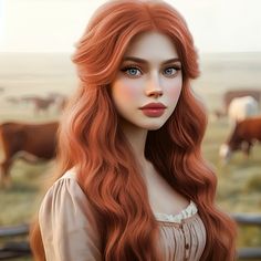 a woman with long red hair standing in front of cows