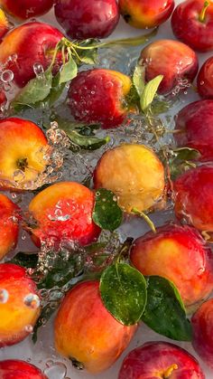 apples with leaves and water splashing on them