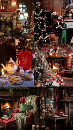 a collage of photos with christmas decorations and presents on the table in front of a fireplace