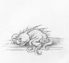 a pencil drawing of an octopus laying on the ground