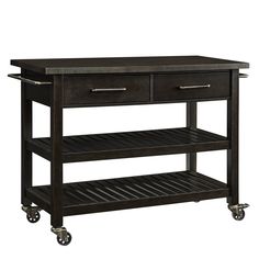 a black kitchen island with two drawers and one shelf on casteors, against a white background