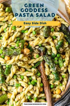 green goddess pasta salad with peas and asparagus in a bowl