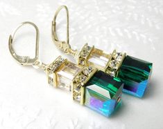 Emerald Green Earrings, Gold Filled, Swarovski Crystal Cube, Bridesmaid Dangle Autumn Wedding Jewelr May Born, Fall Wedding Jewelry, Golden Champagne, Vintage Jewelry Repurposed, Bridal Party Jewelry, Emerald Green Earrings, Bling Earrings, Wedding Bridesmaid Jewelry, Green Gown