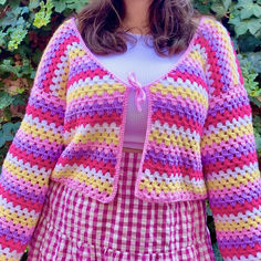 Crochet granny striped cardigan in multiple colours with a tie up feature across chest Crochet Cardigan Stripes, Rainbow Granny Square Cardigan, Crochet Rainbow Granny Square, Crochet Granny Stitch Cardigan, Granny Square Crochet Pattern Cardigan, Granny Stripe Cardigan, Granny Crochet Cardigan, Granny Stitch Cardigan, Gifted Kid