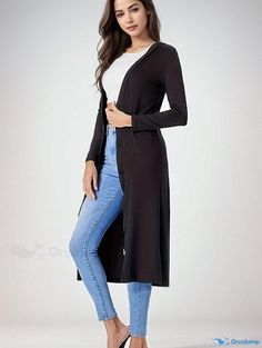 Orcajump - Solid Open Front Lightweight Cardigan, Casual Long Sleeve Long Length Cardigan, Women's Clothing Fitted Open Front Solid Color Cardigan, Fitted Solid Color Open Front Cardigan, Fitted Long Sleeve Solid Color Cardigan, Long Solid Stretch Cardigan, Long Stretch Solid Cardigan, Long Stretch Solid Color Cardigan, Solid Color Long Sleeve Cardigan, Solid Color Non-stretch Long Sleeve Cardigan, Versatile Solid Color Long Sleeve Cardigan