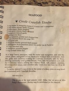 a recipe for seafood is shown on a piece of paper