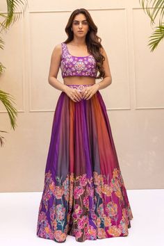 Multicolour floral thread sequin embroidered cape. Paired with floral printed can can attached lehenga embellished with beads and embroidered padded blouse. - Aza Fashions Purple Bohemian Wedding Sets, Bohemian Purple Wedding Sets, Multicolor Choli For Wedding, Purple Lehenga With Unstitched Blouse, Cape Lehenga, Kurta Lehenga, Embroidered Cape, Silk Cape, Lehenga Pattern