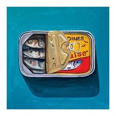 an oil painting of fish in a can