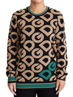 Dolce & Gabbana Multicolor DG Mania Wool Crewneck Pullover Sweater Dolce Gabbana Sweater, Beige And Green, Logo Pattern, Dolce E Gabbana, Half Zip Pullover, Sweater Making, Wool Blend Sweater, Dolce & Gabbana, Women Pullover