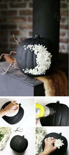 there are several pictures showing how to make a pumpkin hat with flowers on the top