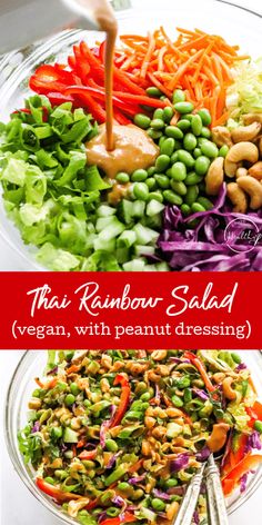 thai rainbow salad with peanut dressing in a glass bowl