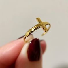 Beautiful Dainty Hammered 14k Gold Plated Cross Ring Size: Open Cuff/Adjustable About 9.8mm wide/ 17.1mm inner Metal: Stainless Steel Elegant Adjustable Cross Rings, Elegant Cross-shaped Adjustable Rings, Adjustable Gold Cross Ring, Adjustable Cross Shaped Gold Rings, Adjustable Cross Gold Ring, Simple Adjustable Hammered Jewelry, Minimalist Jewelry With Adjustable Band As Gift, Minimalist Jewelry With Adjustable Band For Gift, Minimalist Adjustable Cross Ring