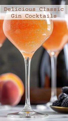 two cocktail glasses filled with peaches and the words delicious classic gin cocktails on top