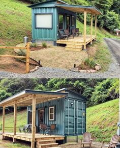 two pictures side by side of a small house on stilts in the grass, and one with a porch attached to it