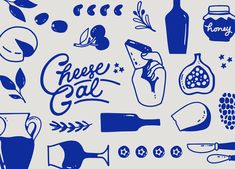 a bunch of food and drink related items are shown in blue on a white background