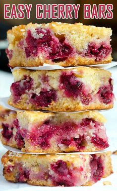 raspberry bars stacked on top of each other with the words easy cherry bars above them