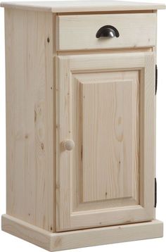 a wooden cabinet with an open door and knobs