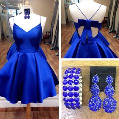 Elegant Blue Mini Dress With Bow, Blue Bow Mini Dress For Party, Satin Prom Dress Short, Cute Homecoming Dresses Short, Royal Blue Homecoming Dress, Royal Blue Homecoming Dresses, Short Bow, Blue Homecoming Dress, Satin Prom Dresses