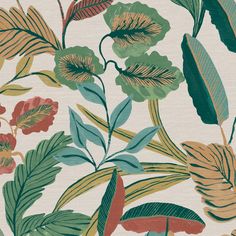 a floral wallpaper with green, red and yellow leaves on white background in an art deco style