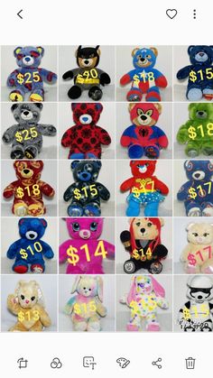 many different stuffed animals with numbers on them