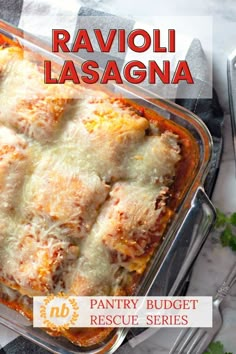 an image of ravioli lasagna in a casserole dish with text overlay