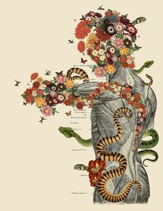 an image of the back of a woman's neck with flowers and snakes on it