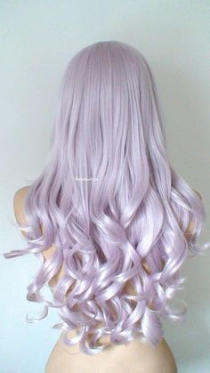 Curly Hair Side Bangs, Lavender Wig, Lavender Ombre, Long Side Bangs, Hairstyle Long, Lilac Hair, Pastel Lilac, Hair Color Pastel, Lavender Hair