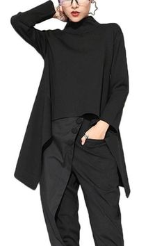 Dark Academia Aesthetic Fall Tops With Asymmetrical Hem, Fall Asymmetrical Hem Blouse, Solid Asymmetrical Hem Blouse For Fall, Solid Color Fall Tops With Asymmetrical Hem, Fall Blouse With Asymmetrical Hem In Solid Color, Black Oversized High Neck Top, Fall Layering Tops With Asymmetrical Hem, Oversized Black High Neck Top, Fall Tops With Asymmetrical Hem For Layering