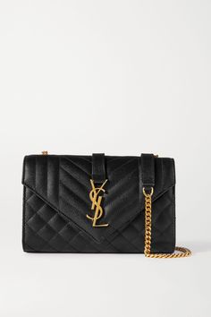 This small version of SAINT LAURENT's 'Envelope' bag is perfect choice for evenings out. It's been expertly made in Italy from quilted textured-leather and has polished gold hardware, including a chain strap and the iconic 'YSL' logo on the flap. The back has a convenient slip pocket for easy access to your cards and other essentials.Wear it with: [SAINT LAURENT Dress id1239044], [SAINT LAURENT Sandals id1265616], [Nathalie Schreckenberg Ring id1226964]. Ysl Envelope Bag, Ysl Envelope, Ysl Crossbody Bag, Saint Laurent Sandals, Spain House, Saint Laurent Dress, Tas Bahu, Black Envelopes, Ysl Logo