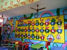 the children's room is decorated with colorful wallpapers and cartoon characters on it