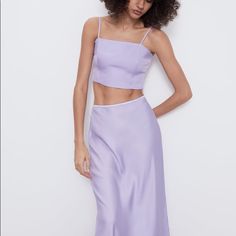 Genuine Zara New With Tag Color: Lilac Lovely & Elegant Color... 2 Pieces With Satin Crop Top And Midi Length Skirt.... Top With Adjustable Straps And Elastic Detail In Back. Love Clean Lines In Skirt. Great Outfit For Wedding Or Parties Satin Skirt Set, Satin Crop Top, Skirts Midi High Waisted, Zara New, Crop Top Skirt, Midi Length Skirts, Satin Skirt, Cropped Top, Skirt Set