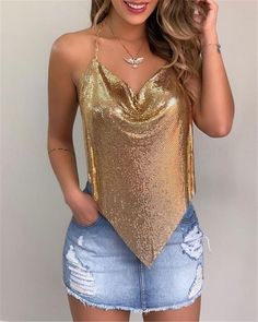 Heart Of Gold Metallic Cowl Neck Halter Top Oshnow Sequin Tee, Sleeveless Tee, Chic Me, Trend Fashion, Clothing Dresses, Look Fashion, Halter Top, Cowl Neck, Join Us