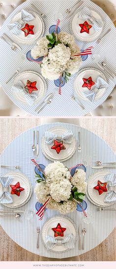 the table is decorated with red, white and blue flowers in centerpieces on plates